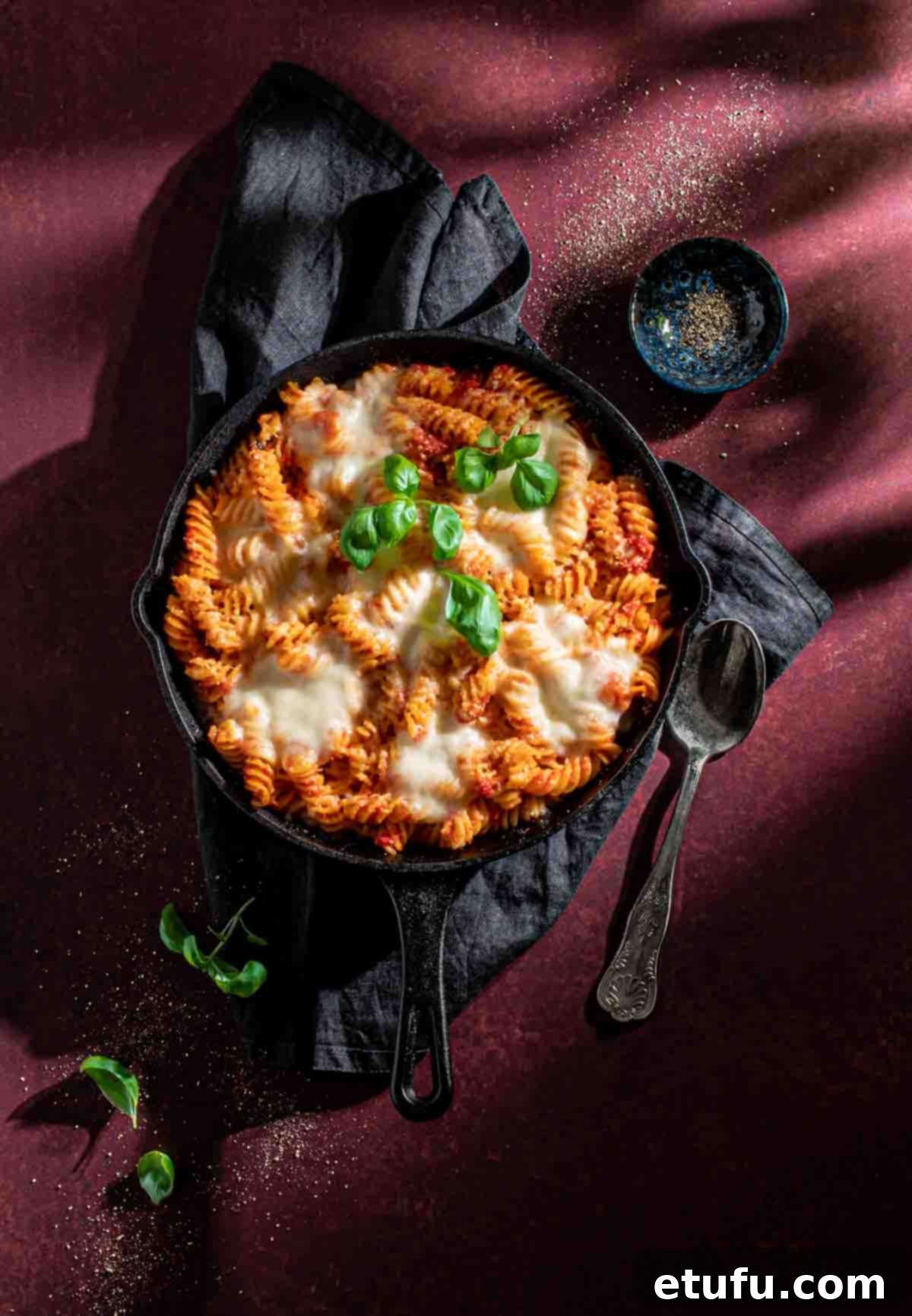 Pasta alla sorrentina in a cast iron frying pan resting on a grey napkin.