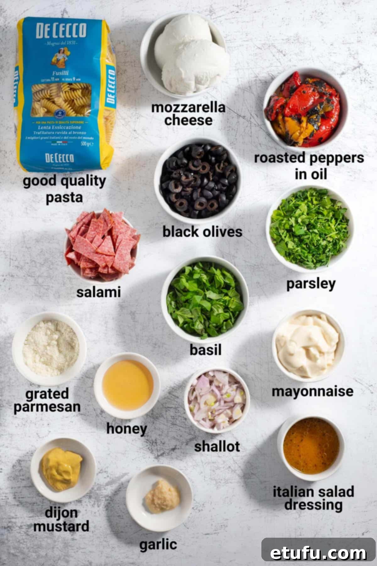 Creamy italian pasta salad ingredients.