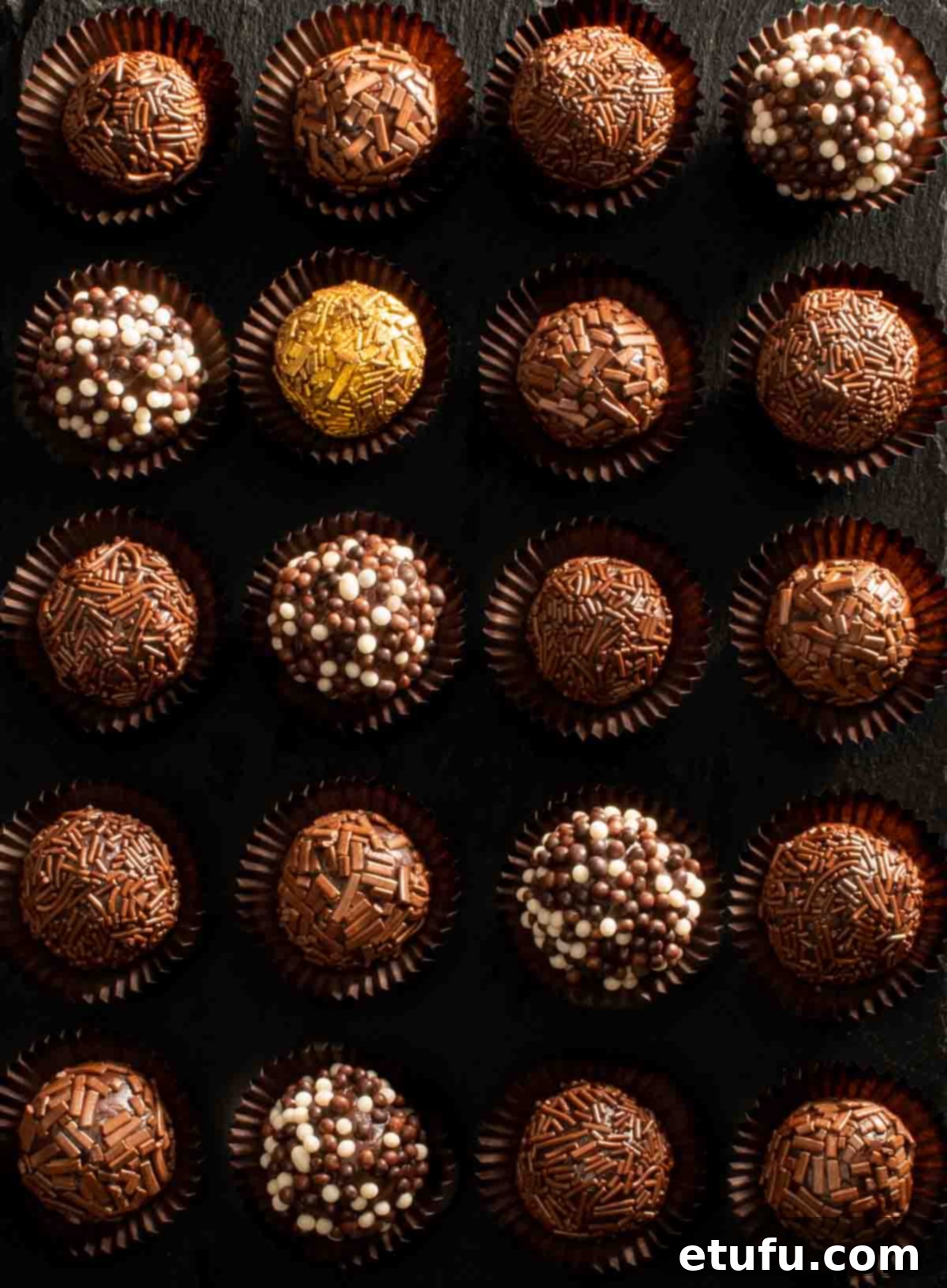 Brigadeiros in paper cases with various toppings.
