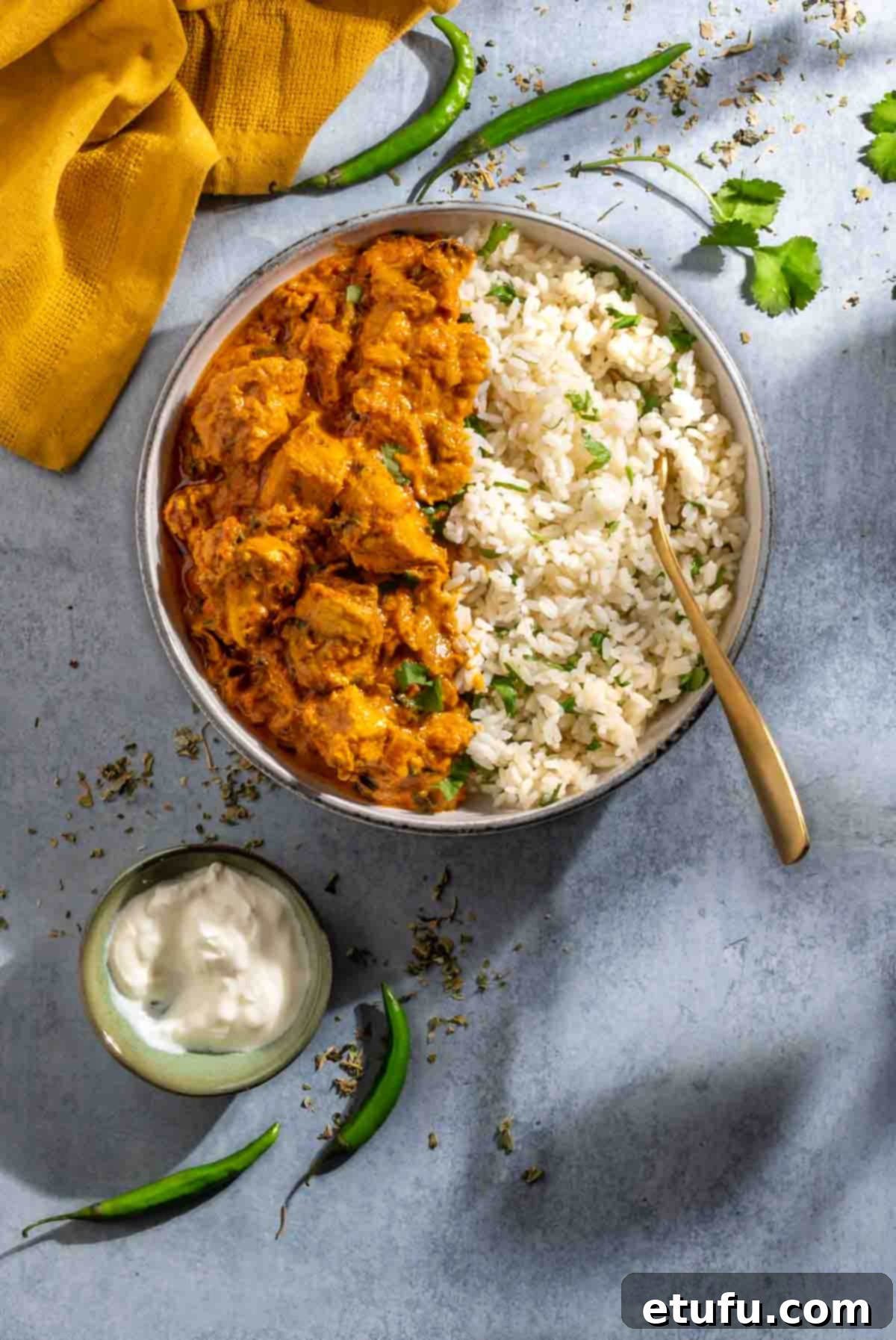 Chicken handi and rice on a blue background with a mustard napkin.