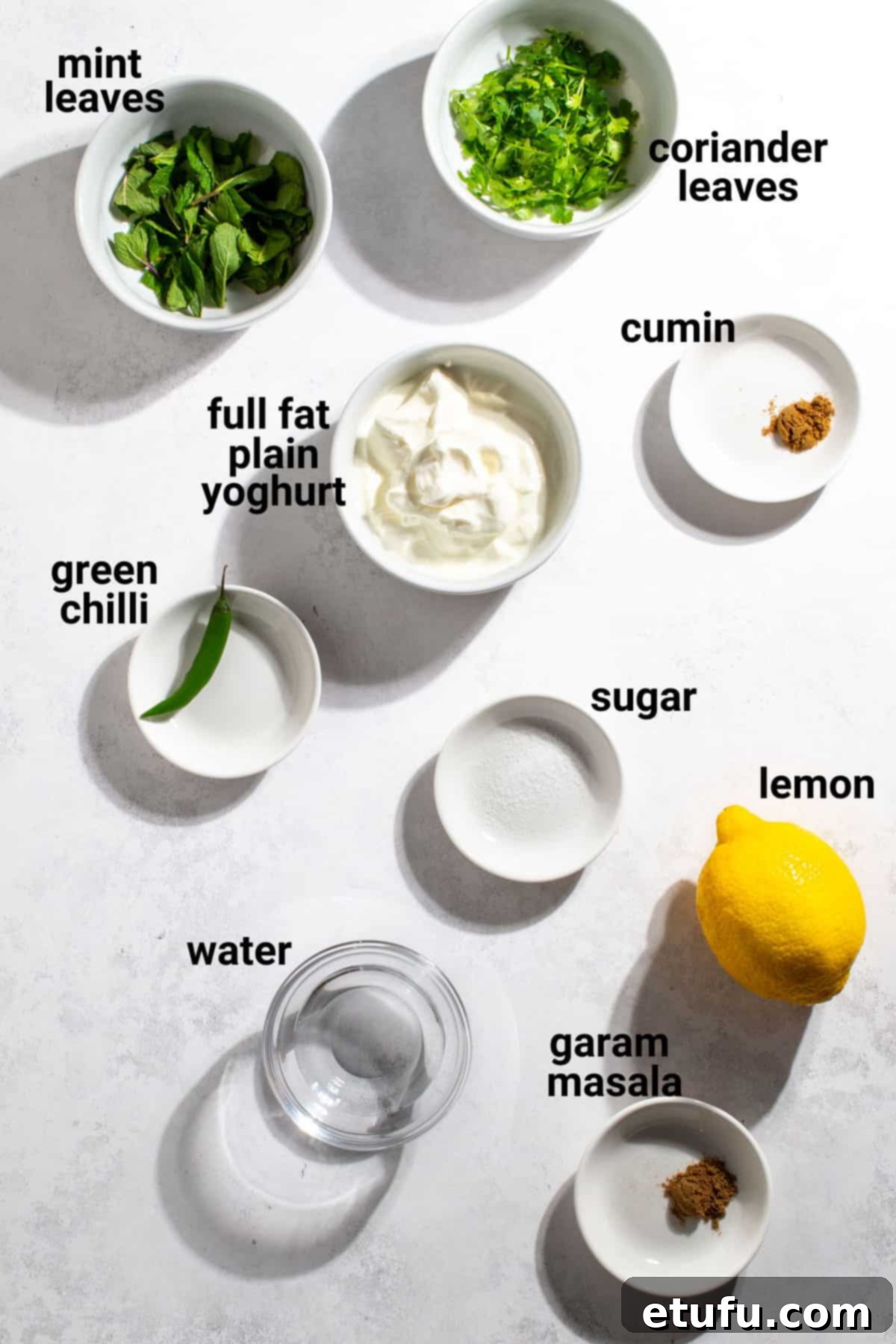 Fresh ingredients laid out for Indian mint sauce including mint, coriander, green chili, and spices.