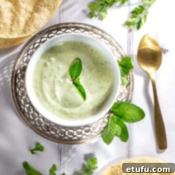 Poppadom Dip Delights 5 Vibrant green Indian mint sauce in a white ceramic bowl, garnished with fresh mint leaves.