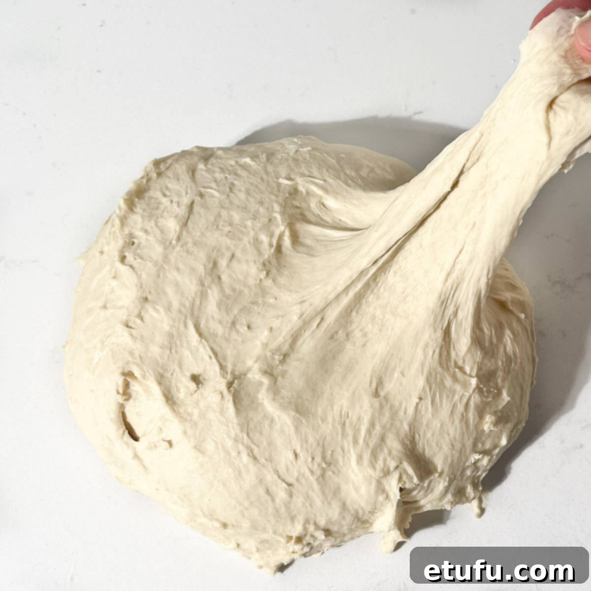 A piece of kneaded dough being stretched to show elasticity.