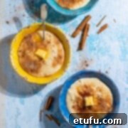 Three bowls of Melkkos, a comforting South African milk dish, served with cinnamon sugar and butter, on a blue background.