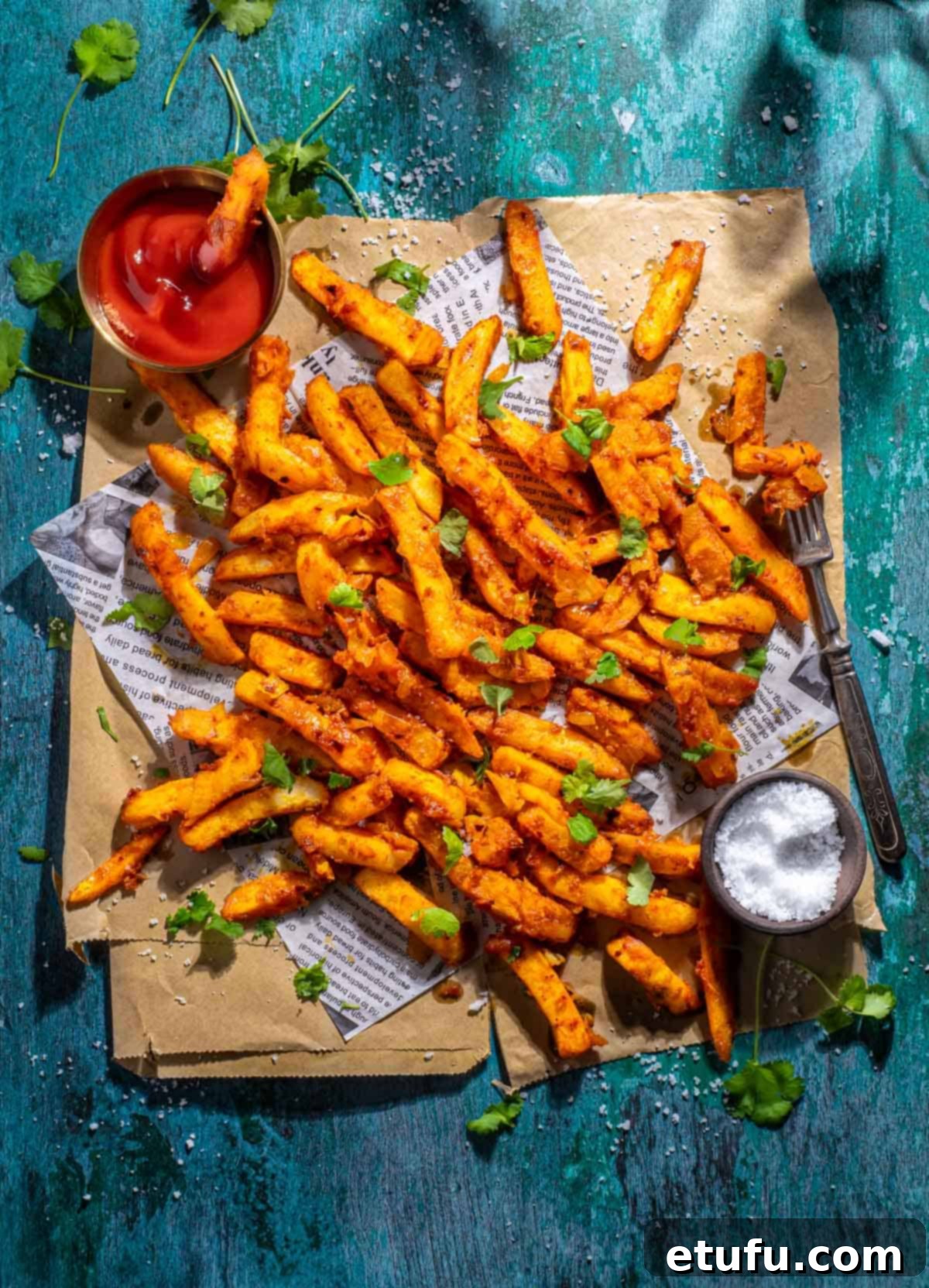 Masala chips on brown paper with tomato sauce and a small pot of salt.