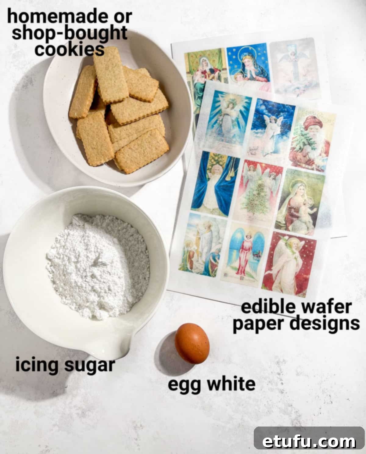 Christmas cookies with edible wafer paper ingredients, including royal icing sugar and egg white.