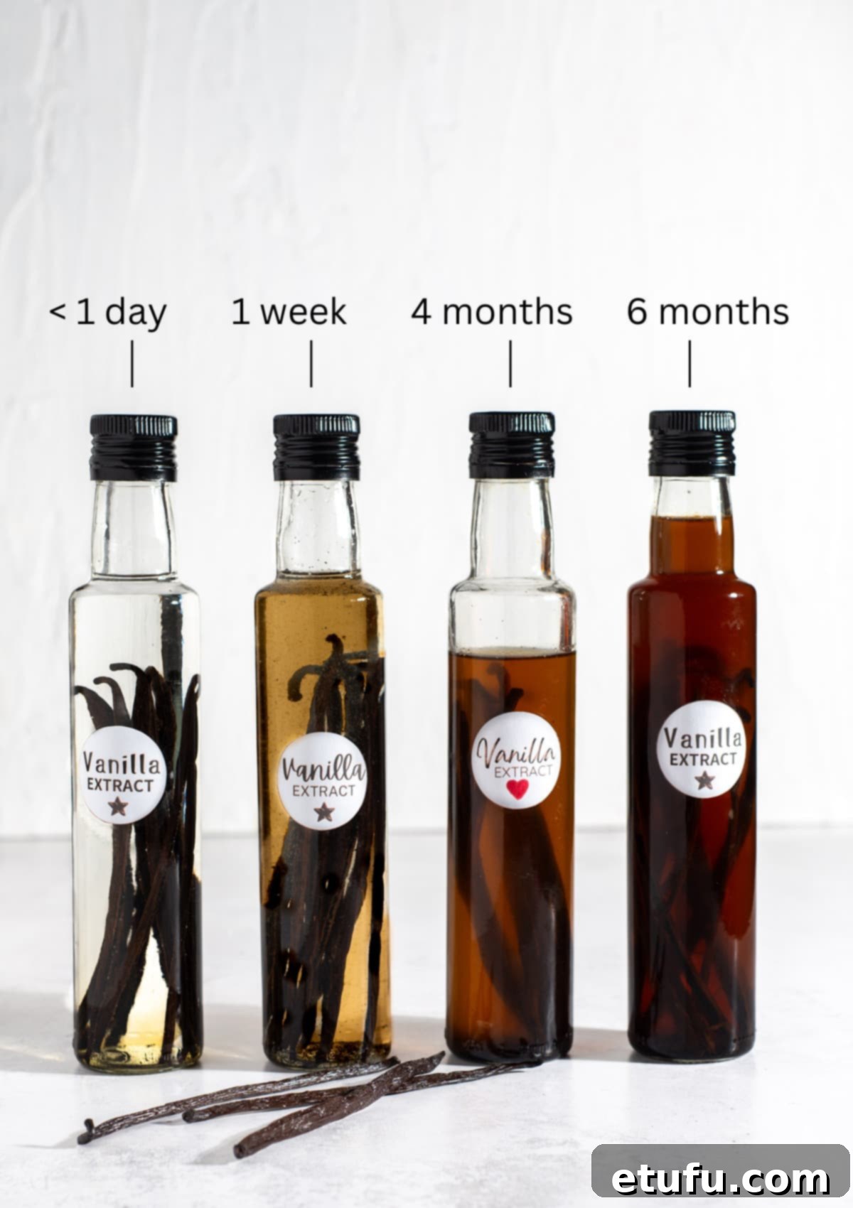 Bottles of homemade vanilla extract showing different shades of color, indicating various ages.