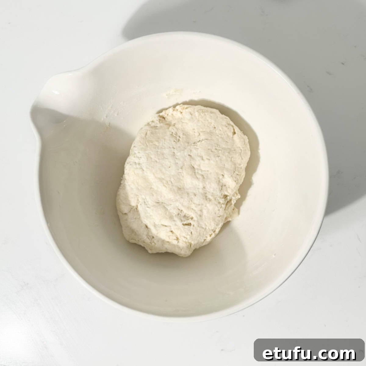 A smooth, round ball of 2-ingredient flatbread dough resting in a large white bowl.