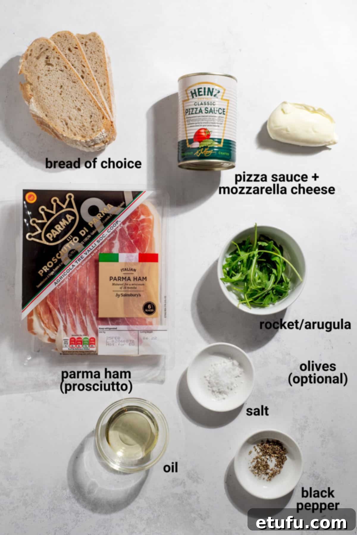 Parma ham pizza toast ingredients.