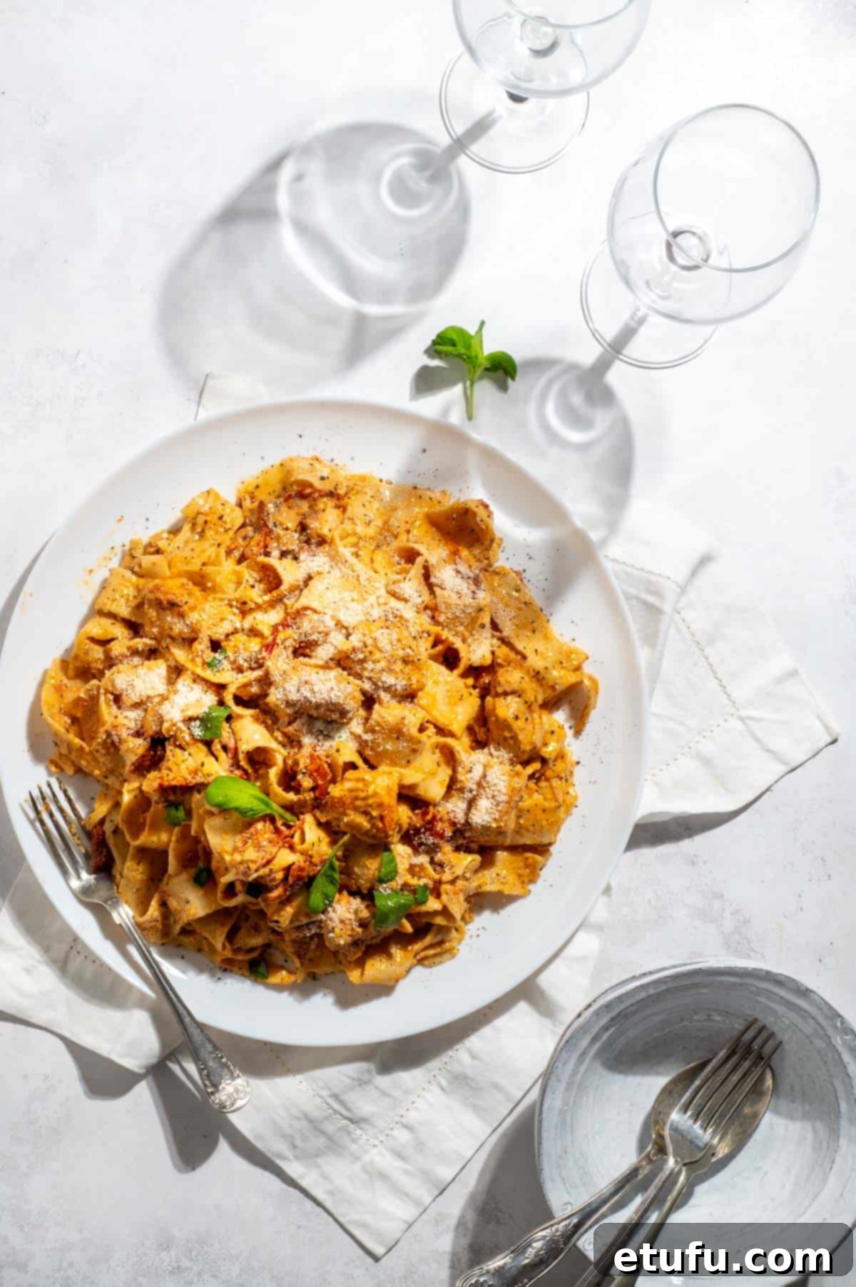 Exquisite Tuscan Marry Me Chicken Pasta 2 Marry me chicken pasta on a large white plate with two wine glasses.