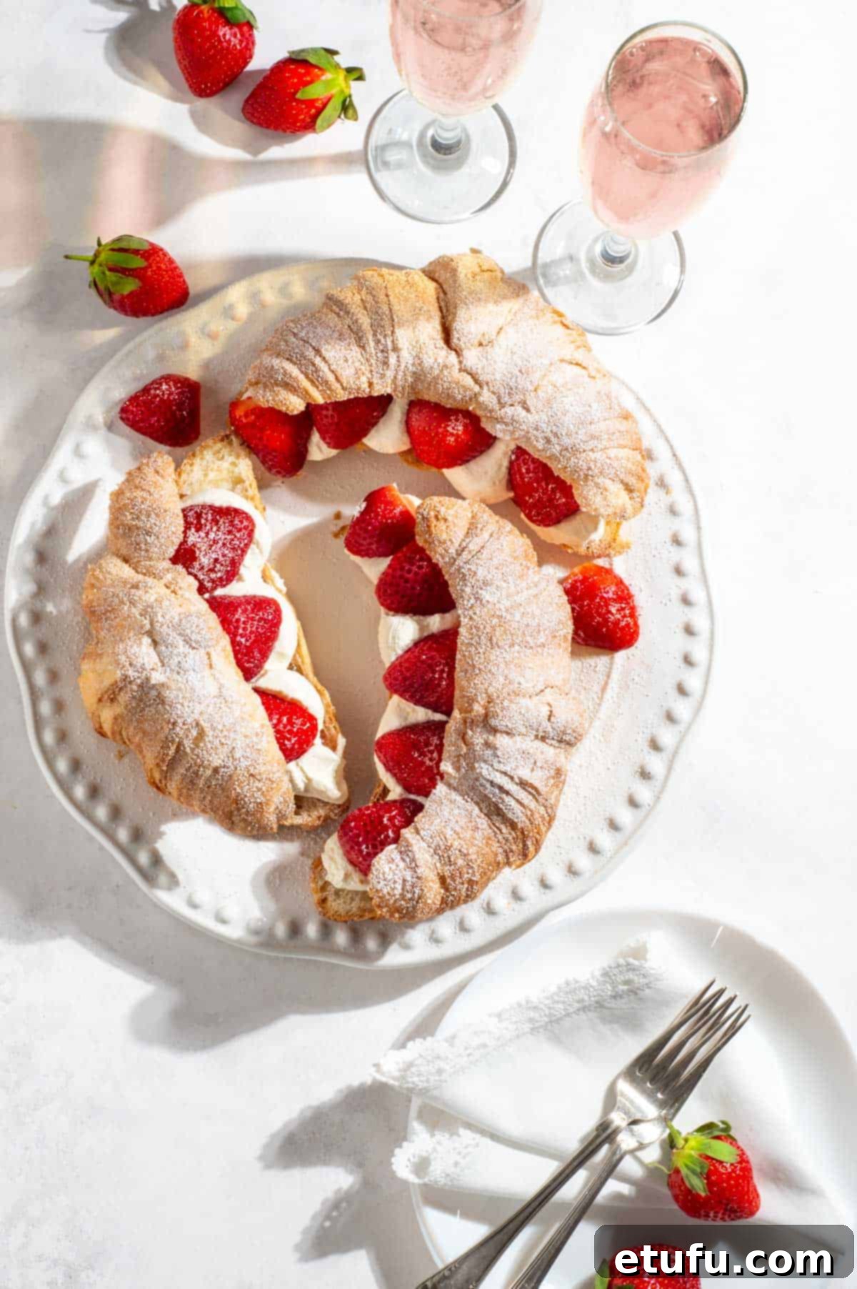 Three strawberry croissants on a big round plate, dusted with powdered sugar and garnished with fresh mint.