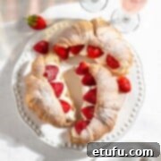 Three strawberry croissants on a big round plate.
