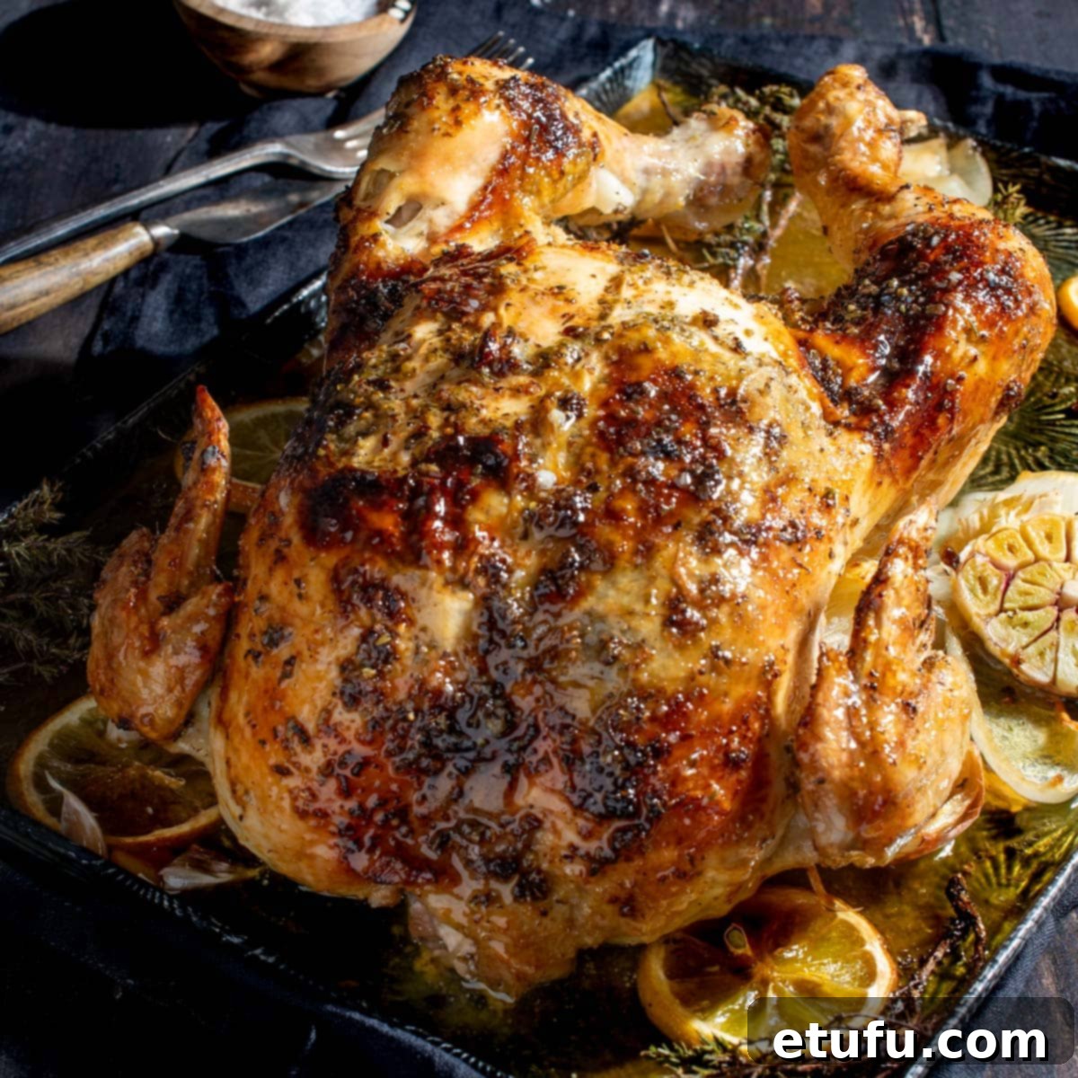 Whole Greek roast chicken beautifully roasted on a baking tray.