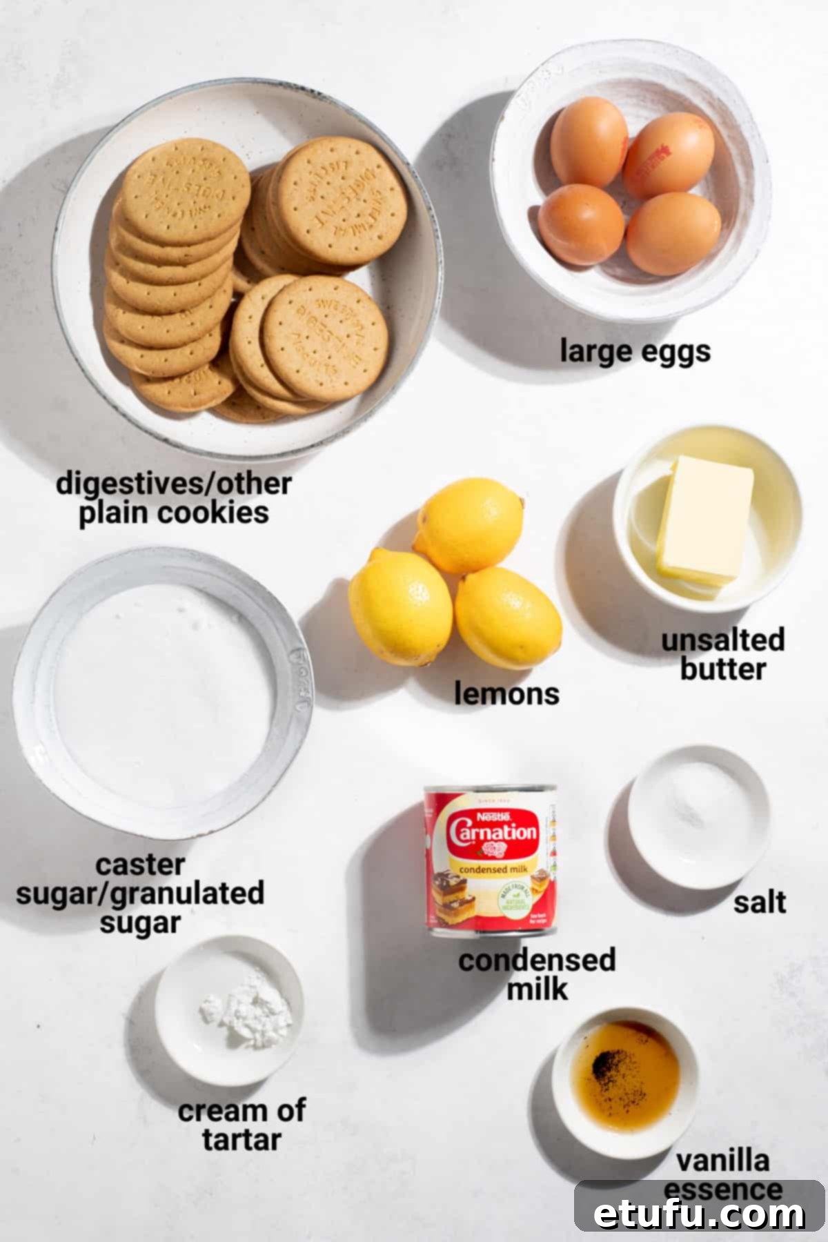 All the fresh ingredients laid out for making the biscuit base lemon meringue pie.