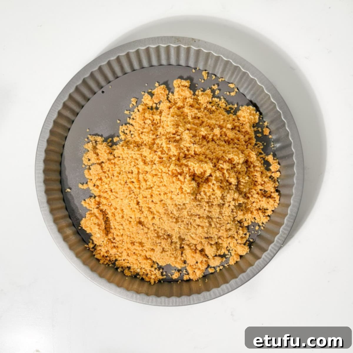 Biscuit crumbs firmly pressed into a tart pan, forming the pie crust.