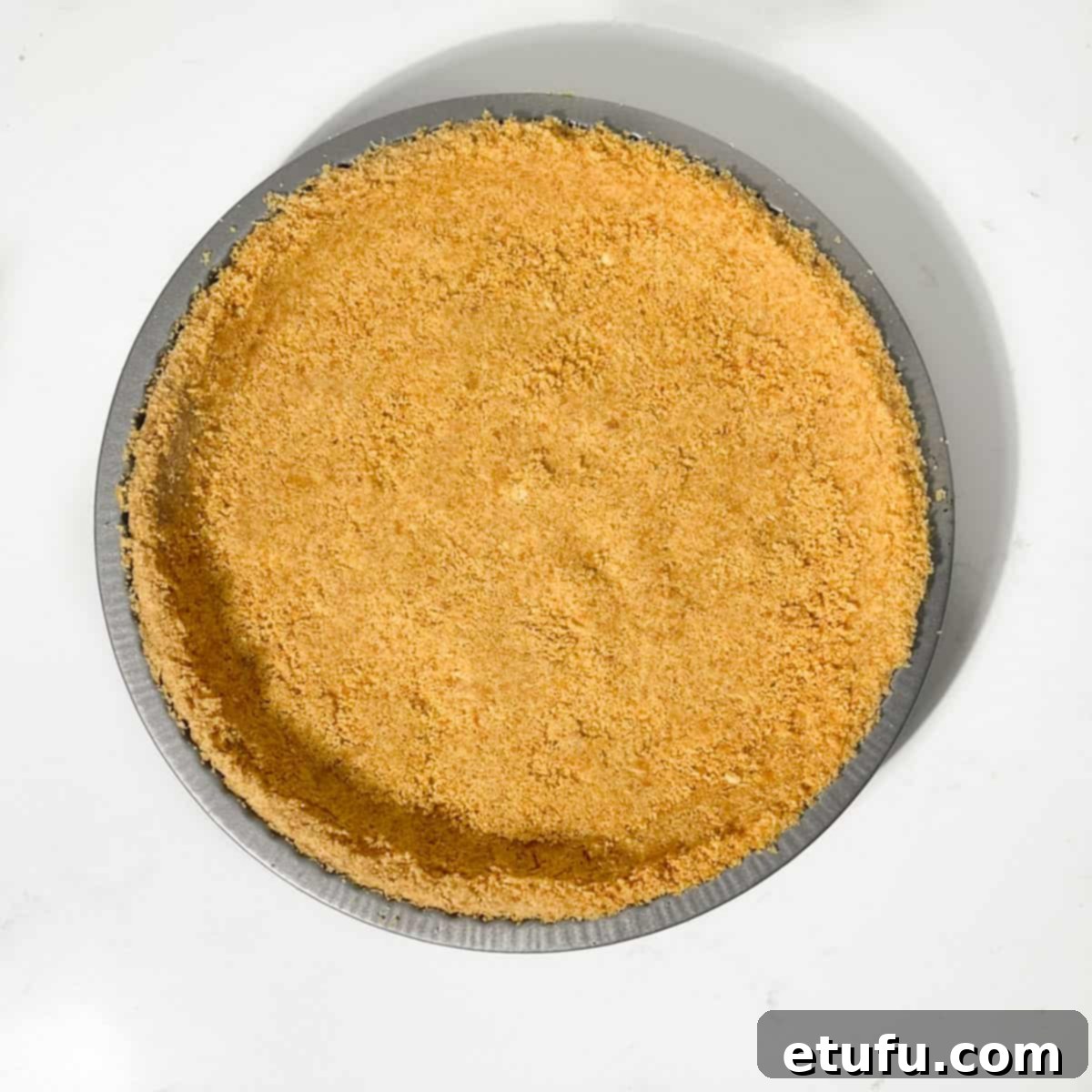 A perfectly formed biscuit crust in a tart pan, pressed firmly and ready for the filling.