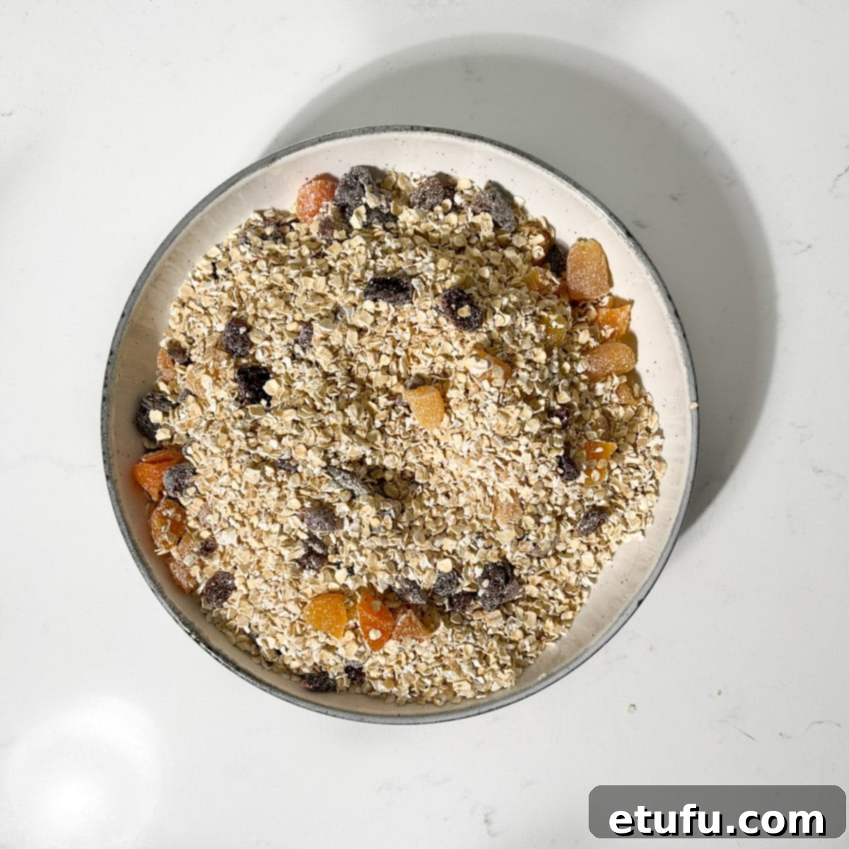 Oats mixed with dried fruit in a mixing bowl.