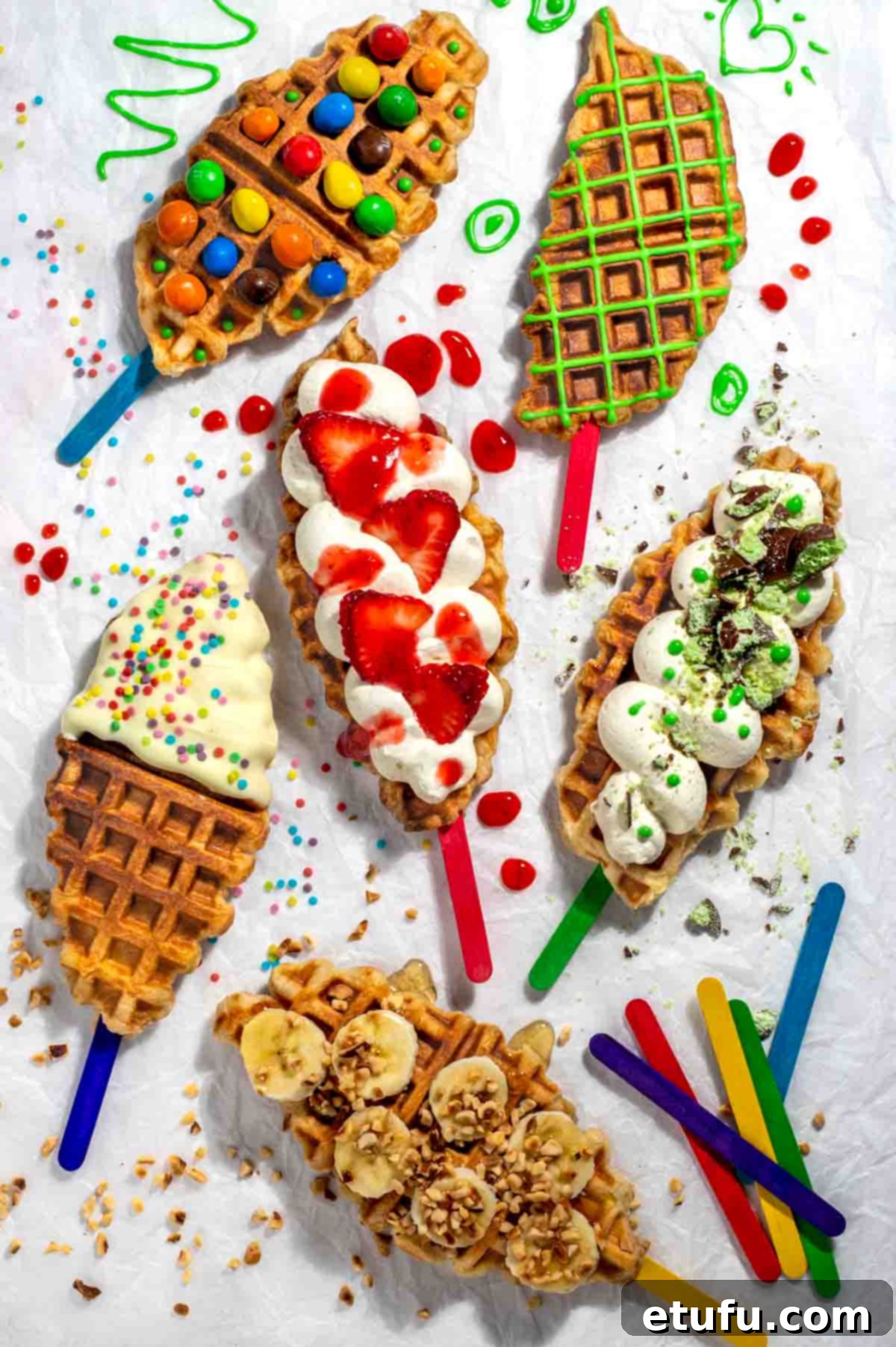 Six croffles on lollipop sticks with different topping ideas.