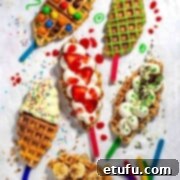 Six croffles on lollipop sticks with different topping ideas.