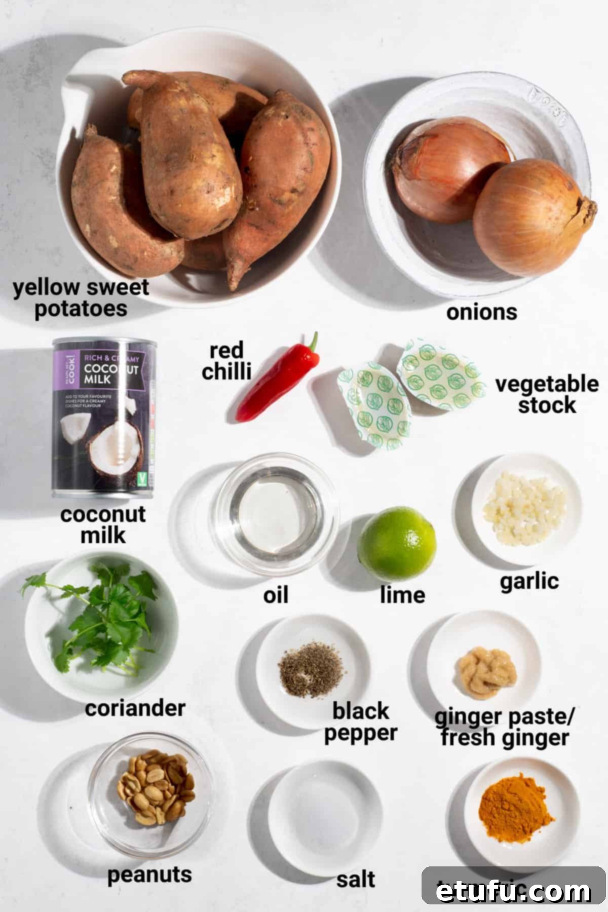 Sweet potato coconut and chilli soup ingredients.