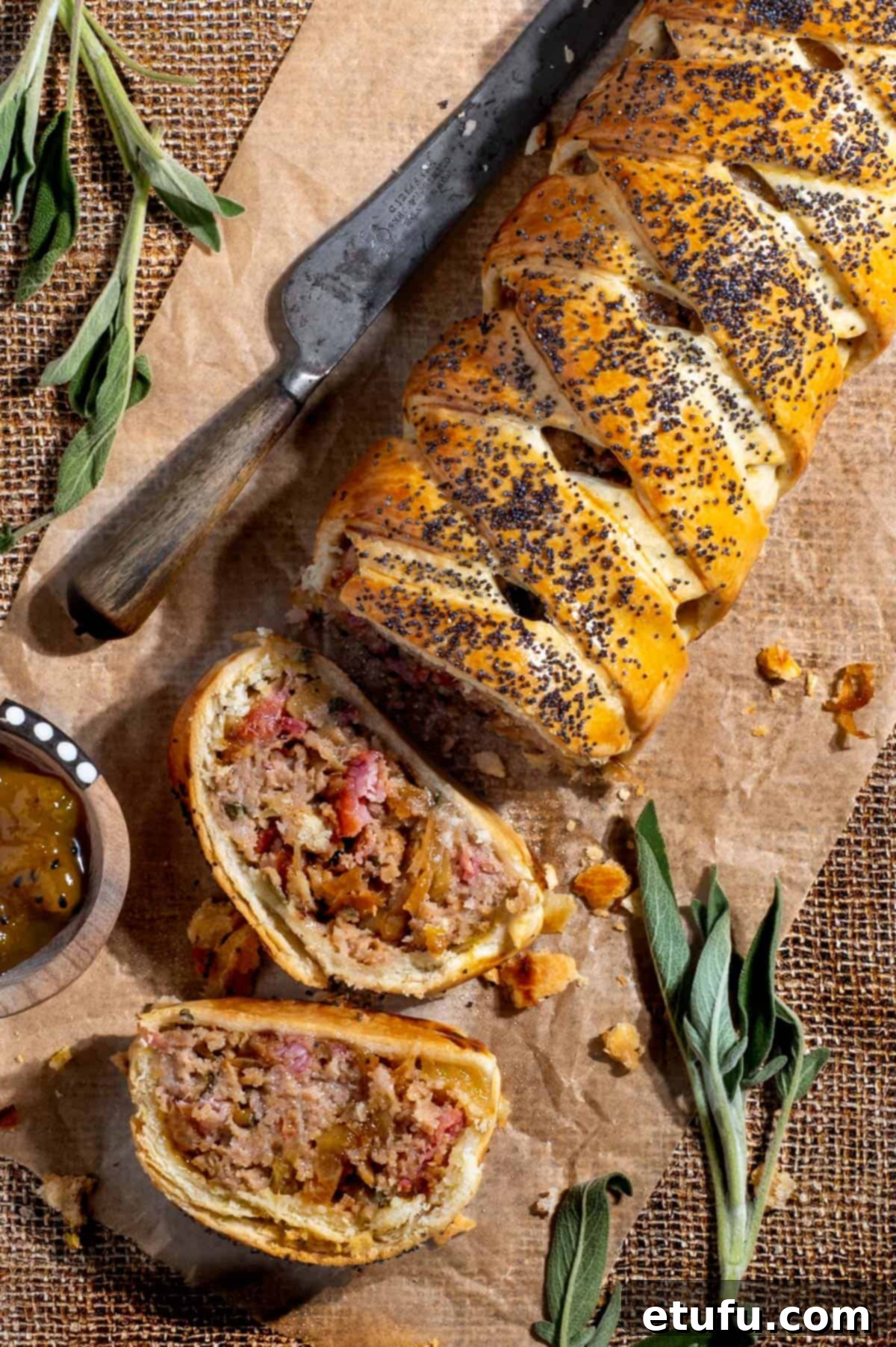 Sausage plait with two slices sliced from it on a sheet of brown paper.