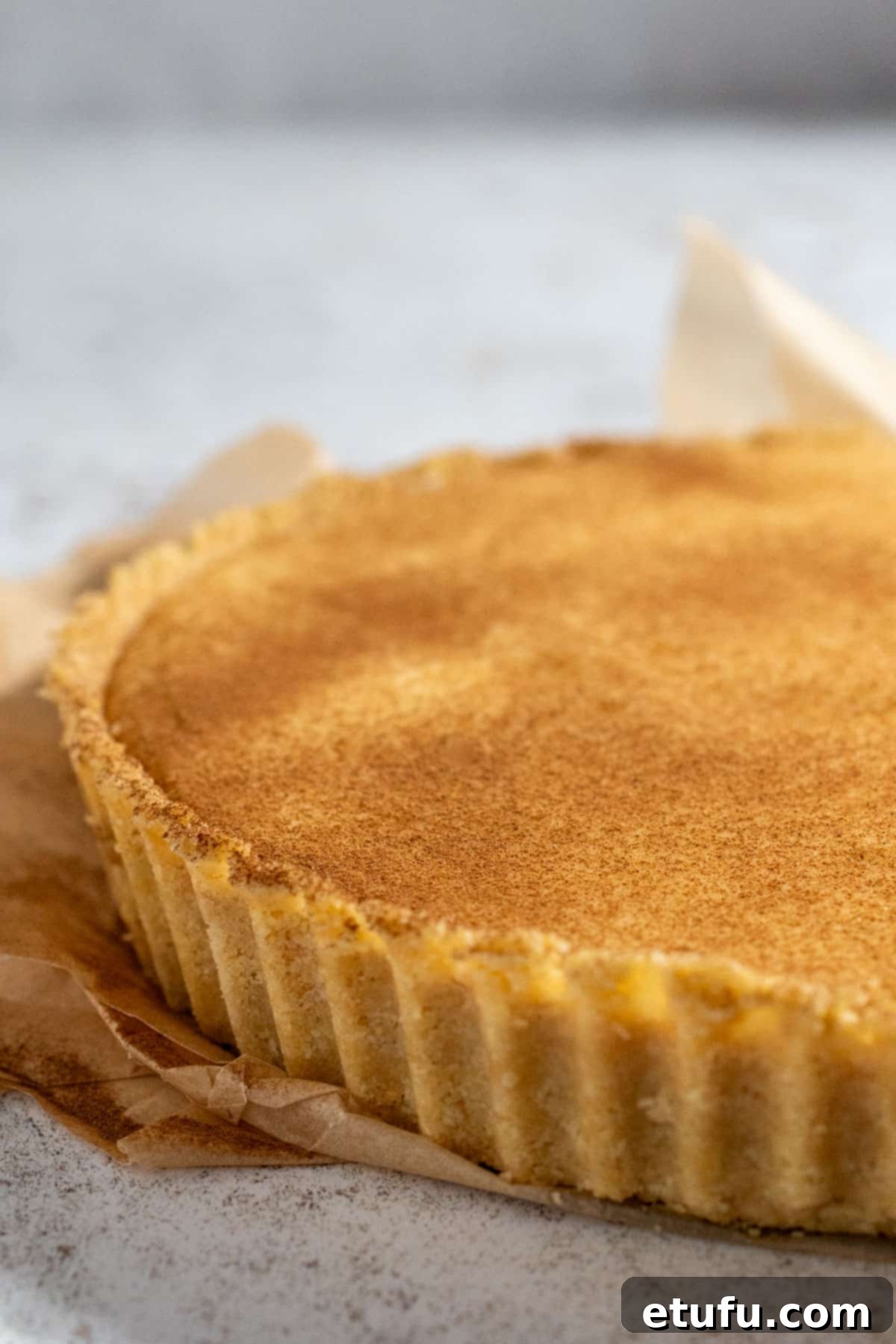 A beautifully presented South African milk tart on a white background, invitingly sprinkled with cinnamon.