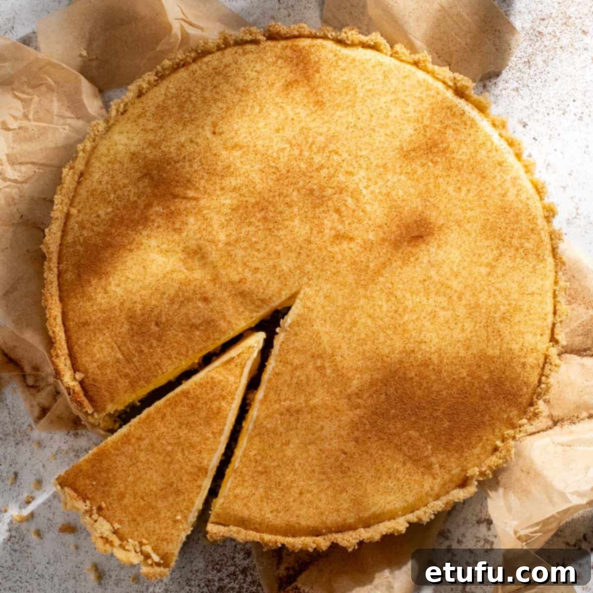 A chilled milk tart with a slice cut and ready to serve, dusted with cinnamon.
