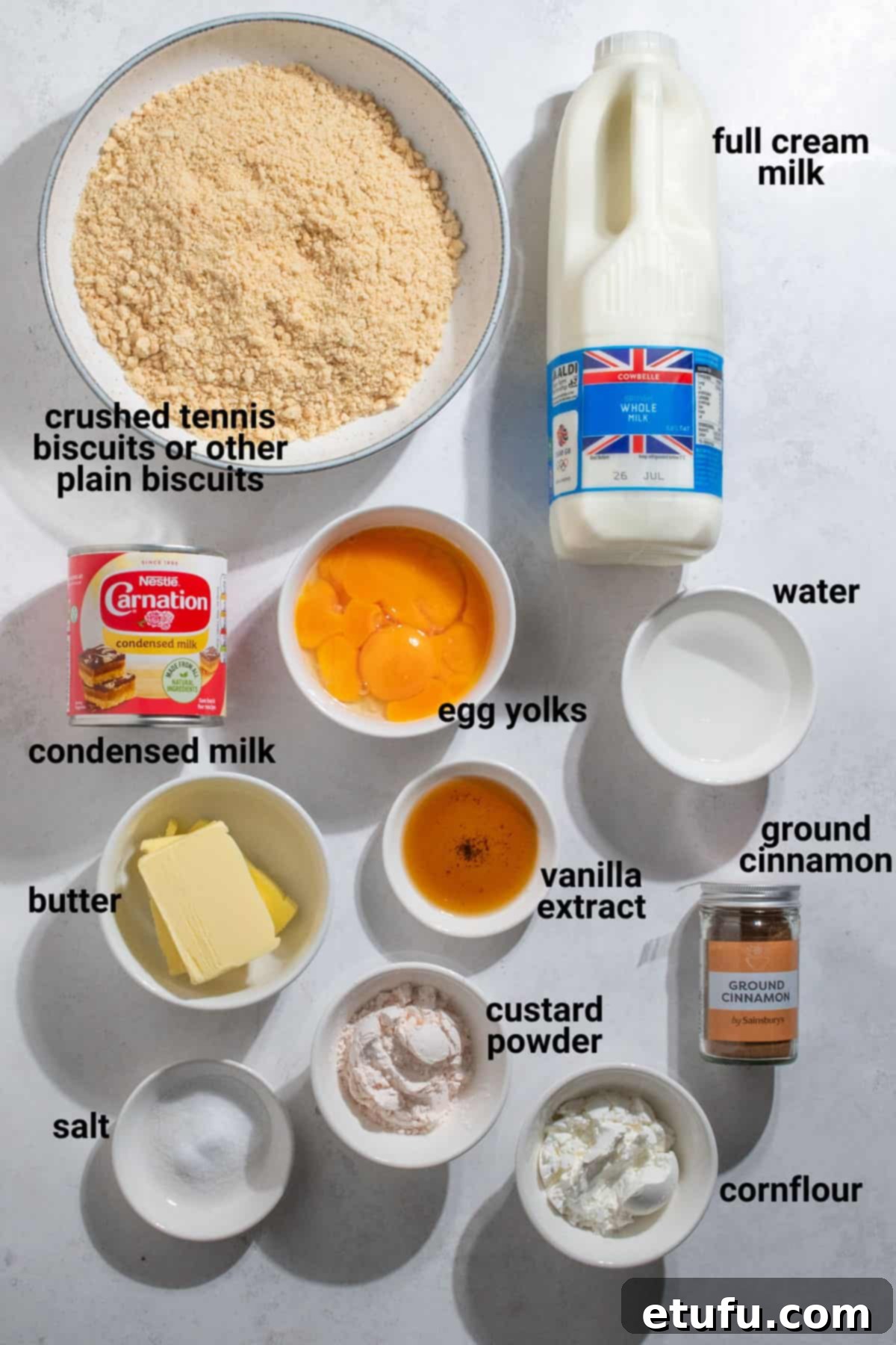 Ingredients laid out for making South African Milk Tart.
