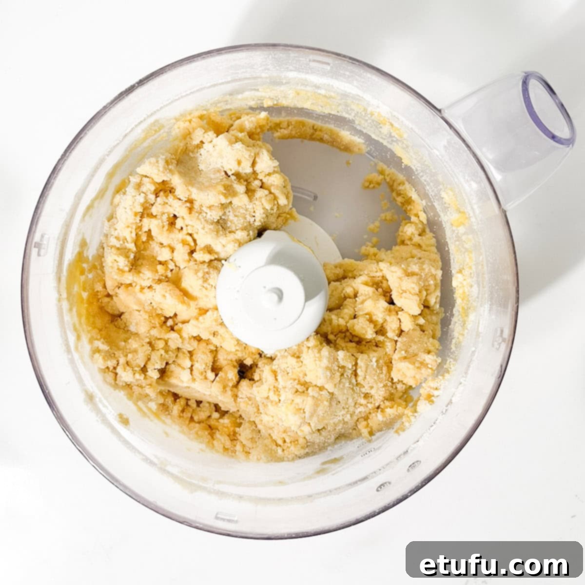 The Hertzoggies pastry dough forming a ball in the food processor, indicating it's ready to be chilled.