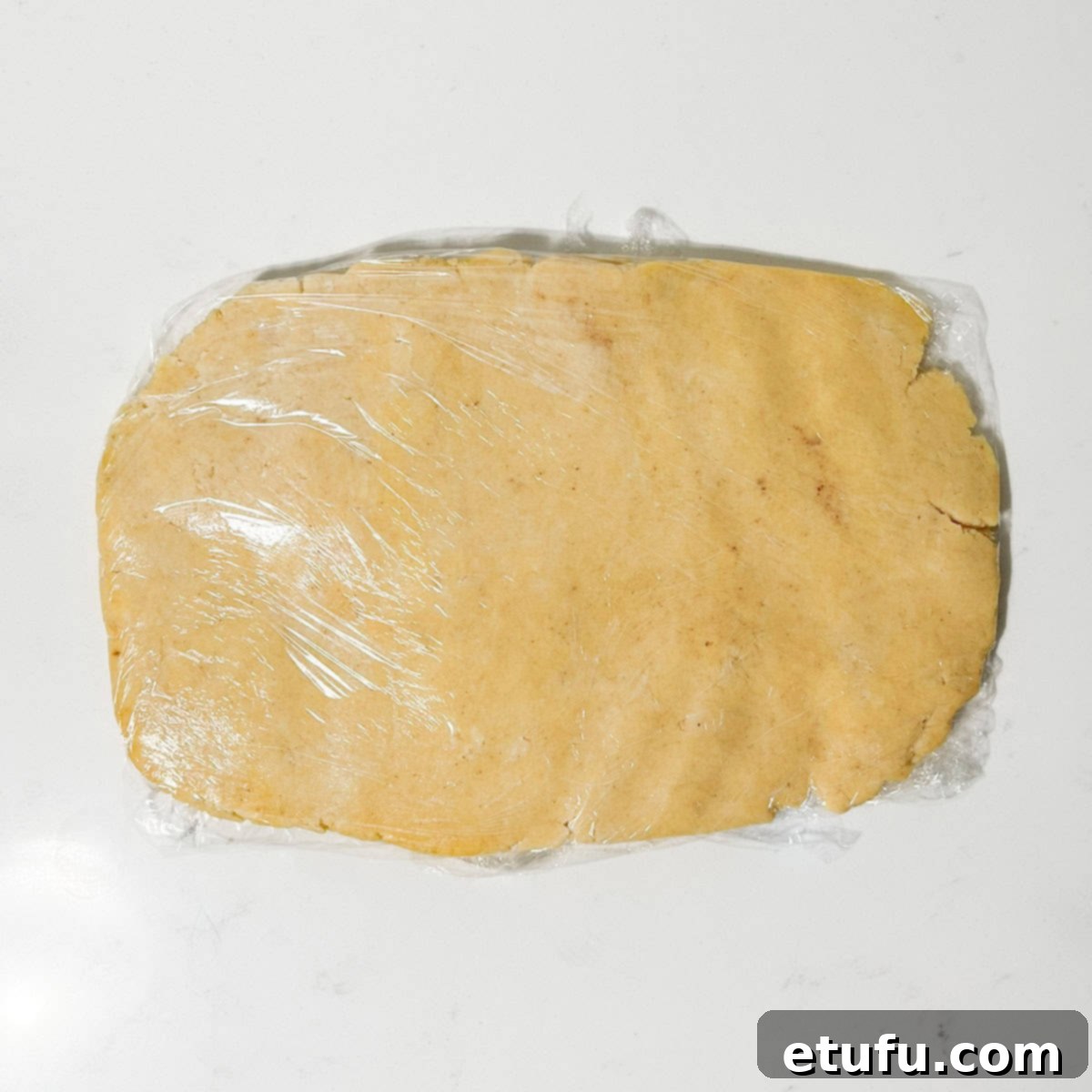 The pastry dough wrapped tightly in plastic wrap, shaped into a flat disk, ready for refrigeration.
